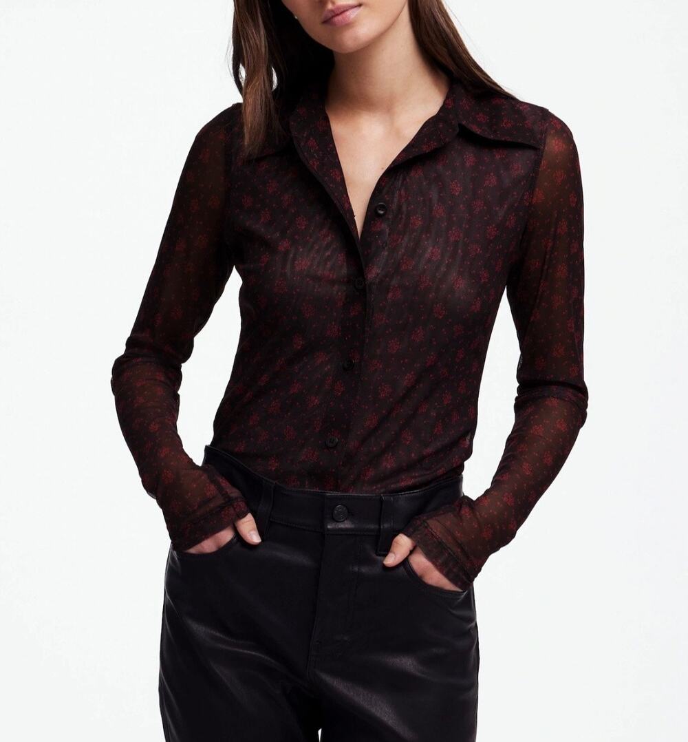 NWT Madewell Sheer Black Mesh Floral Button Front Blouse Red Ditsy Print XL